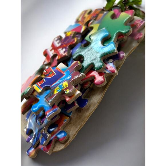 Handmade Brooch Puzzle Pieces 3.5" x 1" Bright Colorful Pin - Picture 6 of 6
